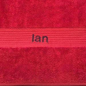 Red Kids Beach Towel Monogrammed “Ian” in Navy 29 w x 52 l